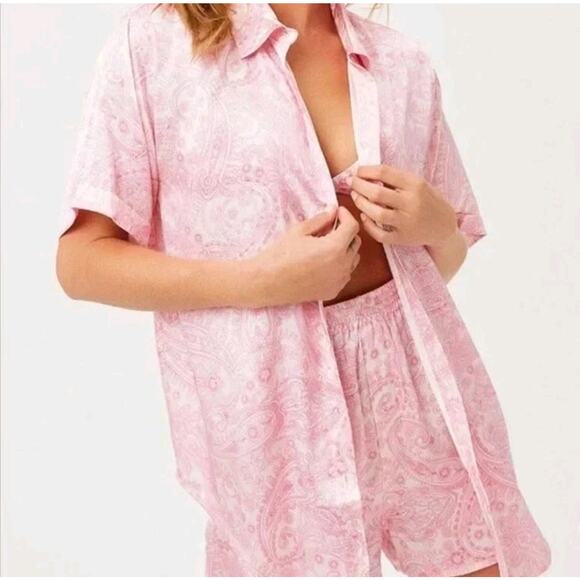 Frankies Bikinis Silk Womens Small Button Up Cover-Up Top Beach Pink Paisley - Picture 1 of 10